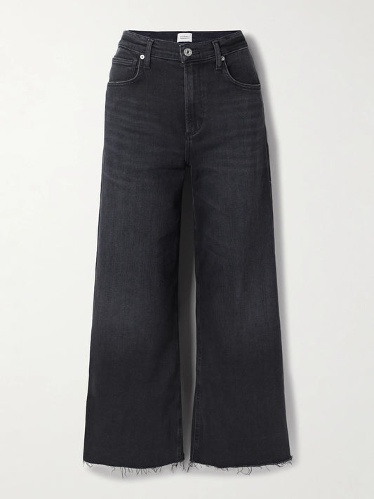 Image of Jeans. Product name - Lyra Frayed Cropped High-rise Wide-leg Jeans in Black colour by brand - Citizens of Humanity