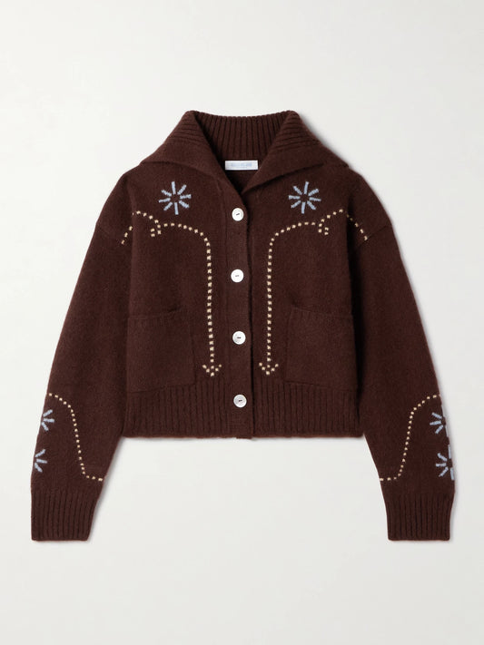 Image of a model wearing Outerwear. Product name - Intarsia-knit Cashmere Cardigan in Chocolate colour by brand - Calle Del Mar