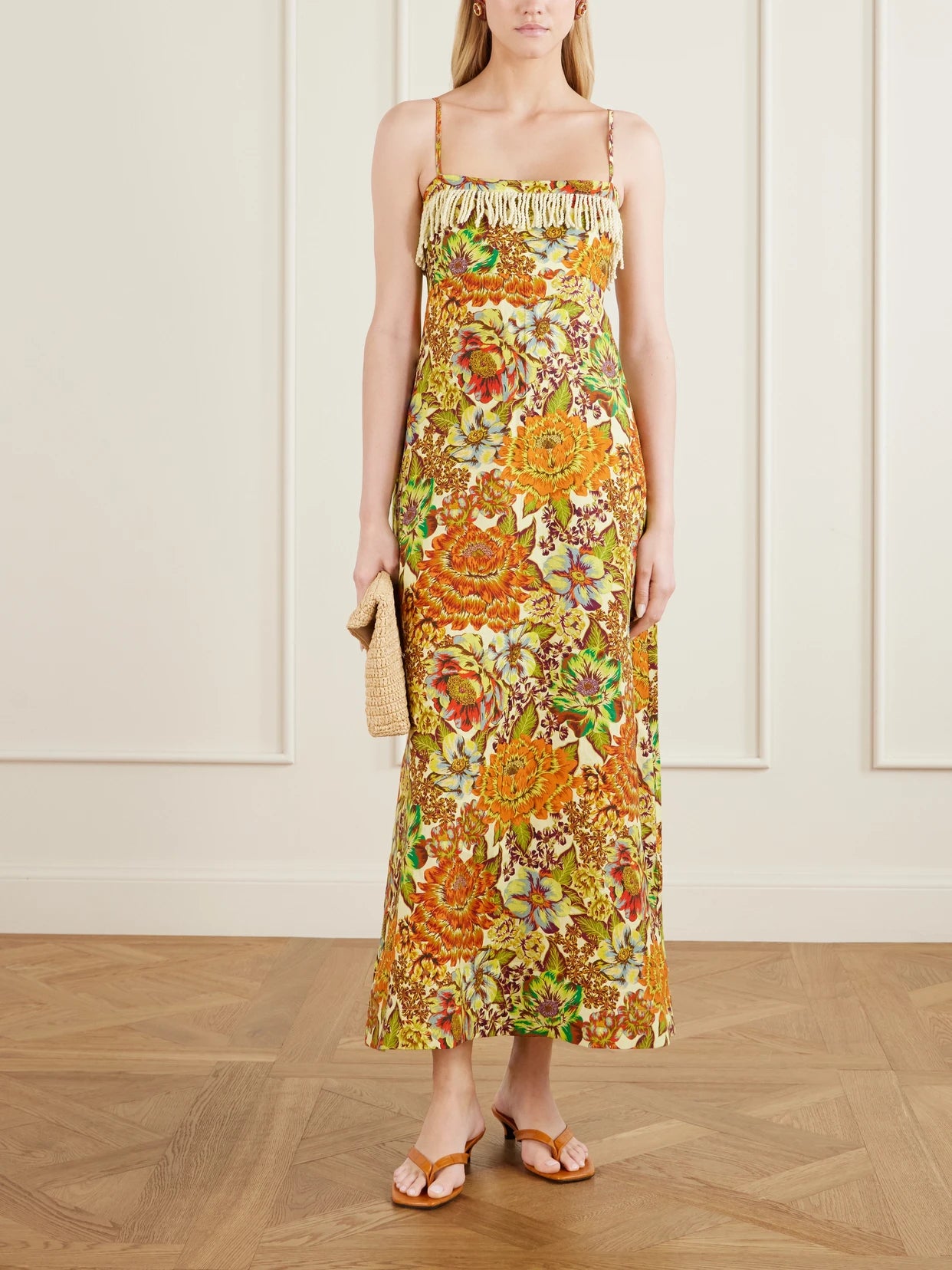 Image of Dresses. Product name - Lana Fringed Floral-print Linen Midi Dress in Yellow colour by brand - ALÉMAIS