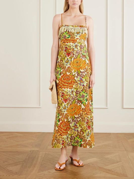 Image of Dresses. Product name - Lana Fringed Floral-print Linen Midi Dress in Yellow colour by brand - ALÉMAIS