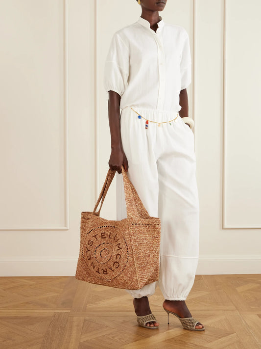 Logo-embroidered Raffia Tote Bag