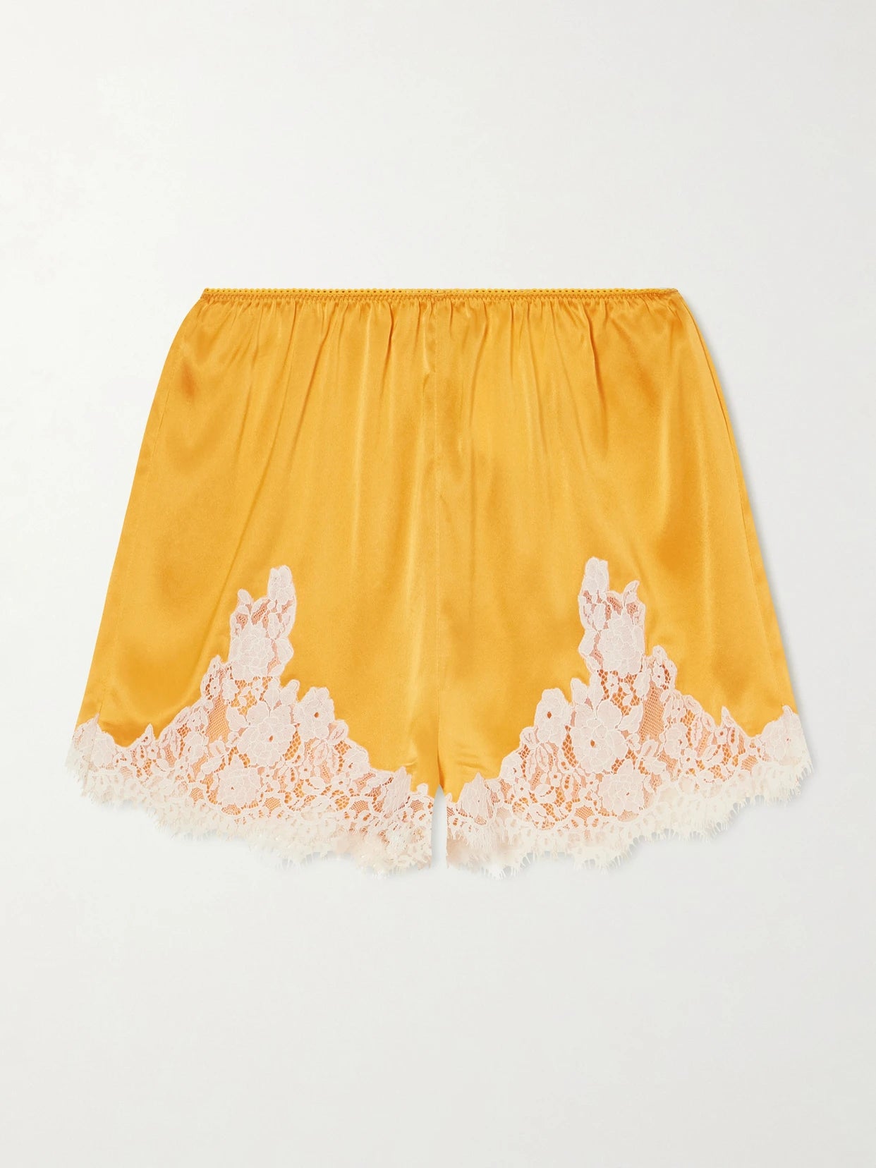 Image of a model wearing Shorts. Product name - Iona Lace-trimmed Silk-satin Shorts in Orange colour by brand - DÔEN