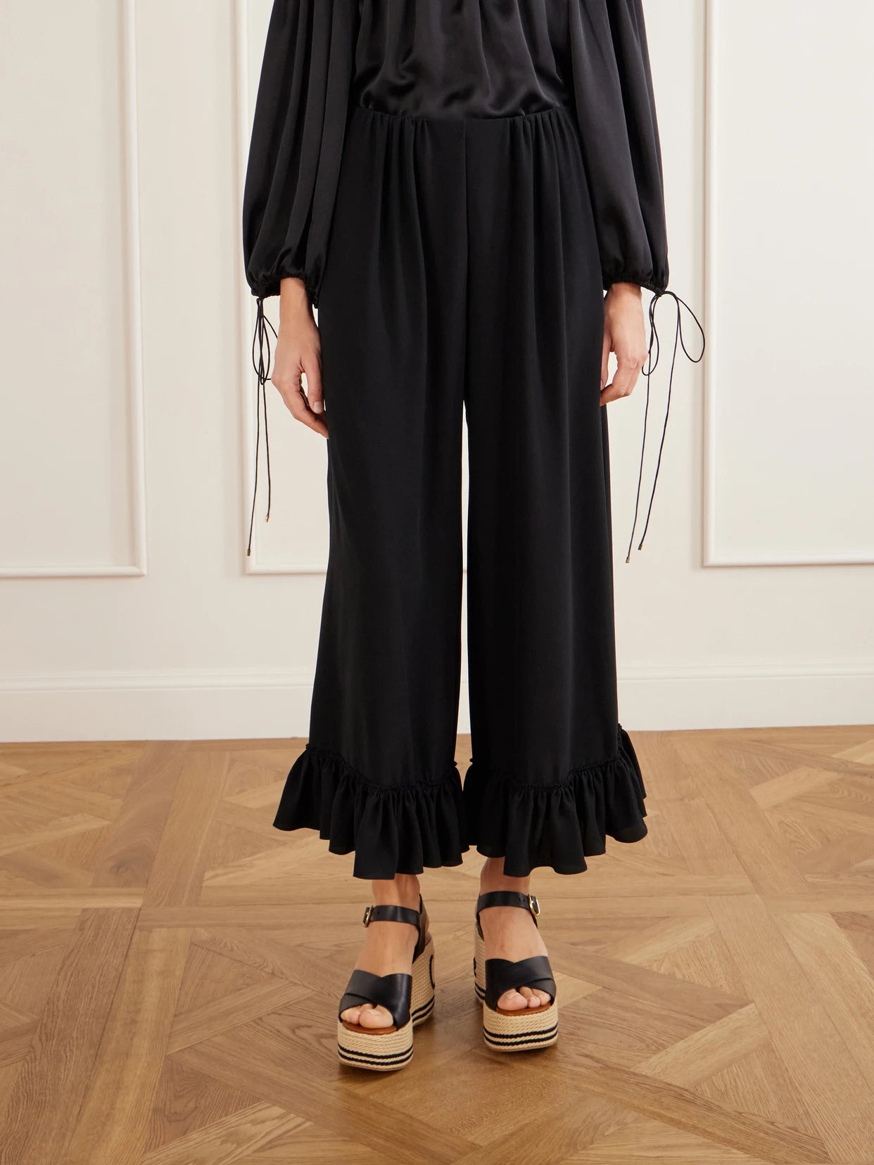Ruffled Silk Crepe De Chine Wide-leg Pants