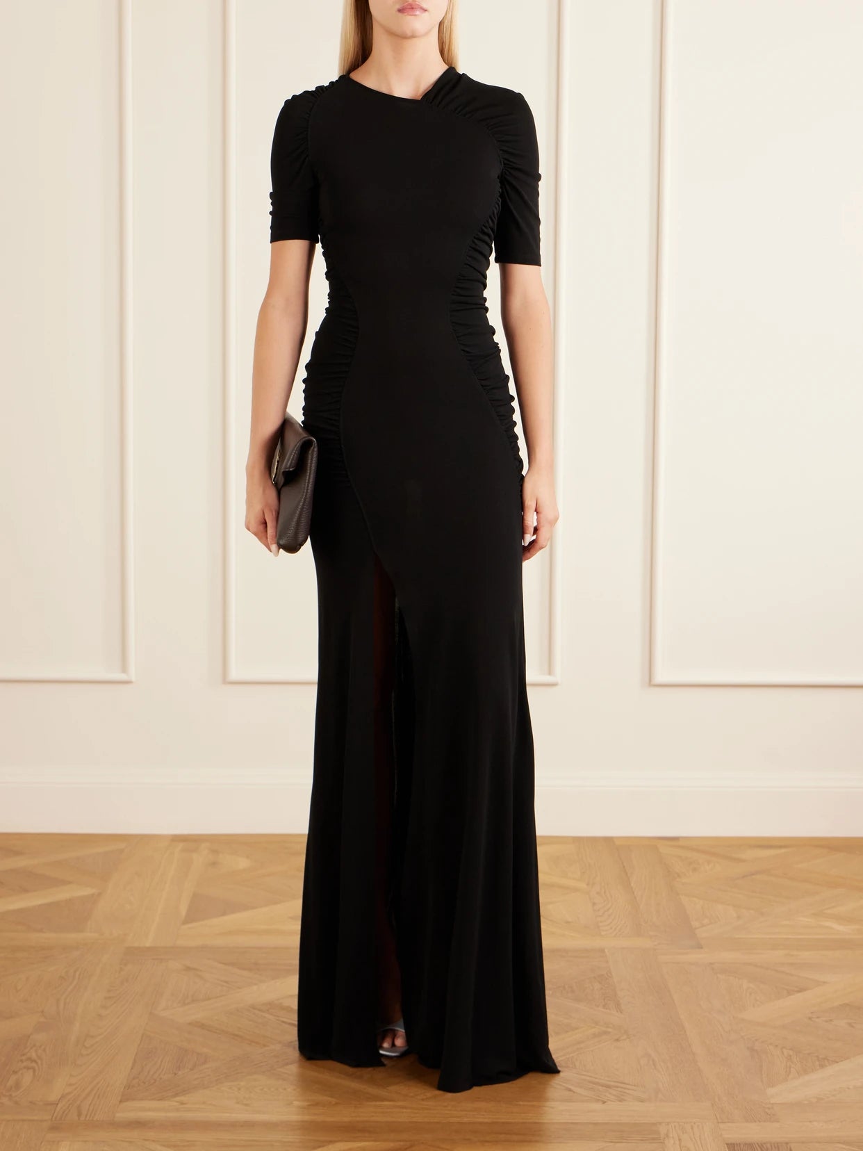 Image of Dresses. Product name - Gathered Satin Gown in Black colour by brand - Victoria Beckham