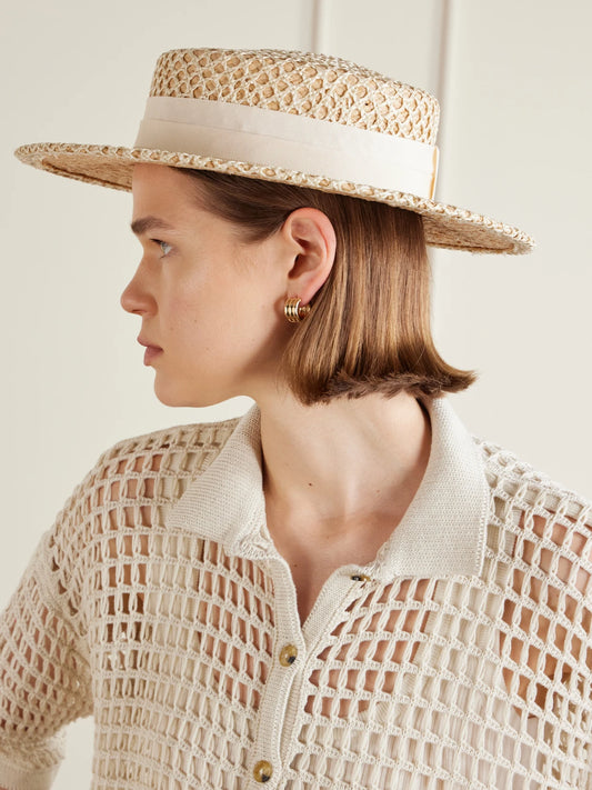 Image of Hats. Product name - Marion Grosgrain-trimmed Raffia Sunhat in Neutral colour by brand - Gigi Burris