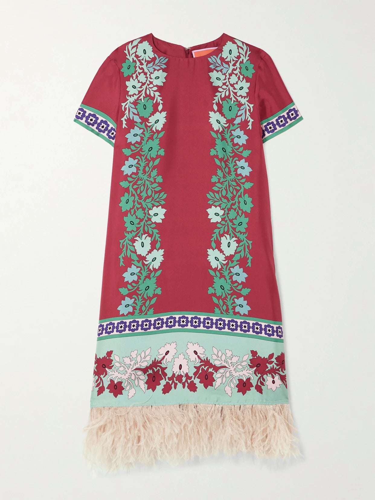 Swing Feather-trimmed Printed Silk-twill Mini Dress