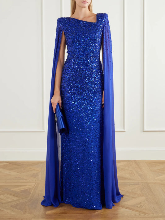 Image of Dresses. Product name - Twilight Sequin-embellished Gown in Cobalt blue colour by brand - Jenny Packham