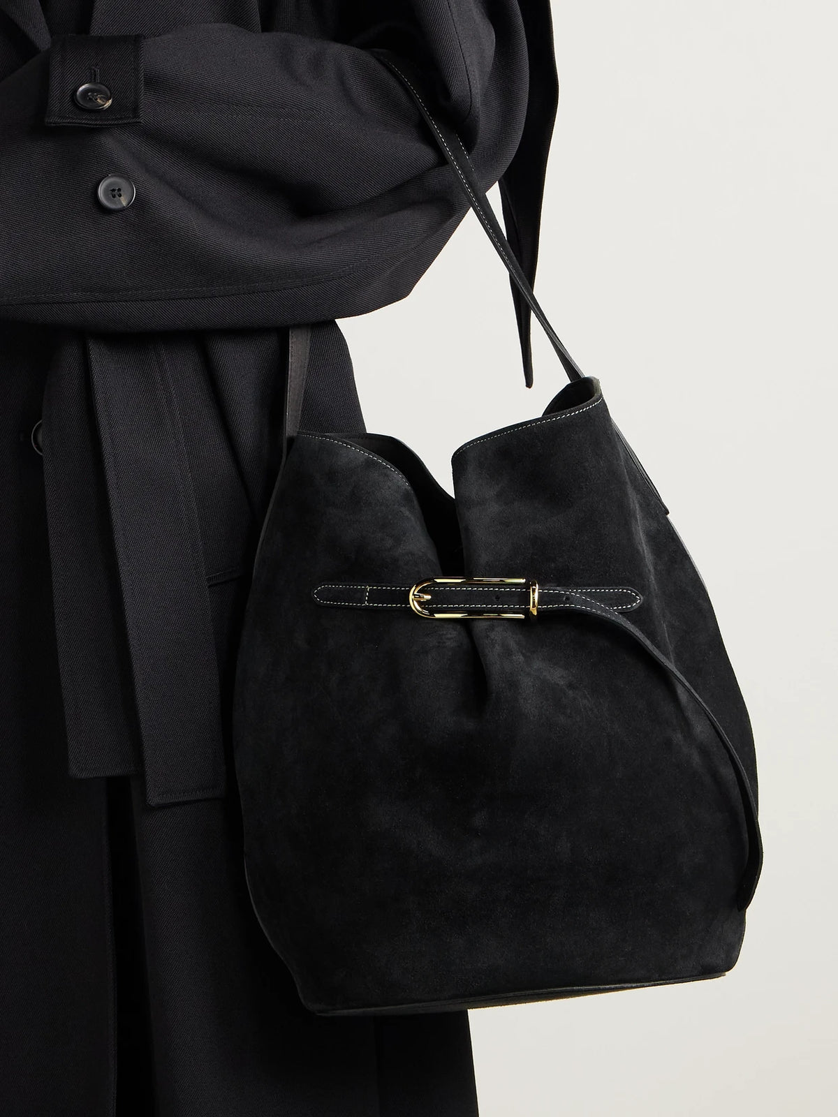 Image of Bags. Product name - Buckled Suede Bucket Bag in Black colour by brand - Liffner