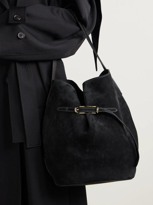 Image of Bags. Product name - Buckled Suede Bucket Bag in Black colour by brand - Liffner