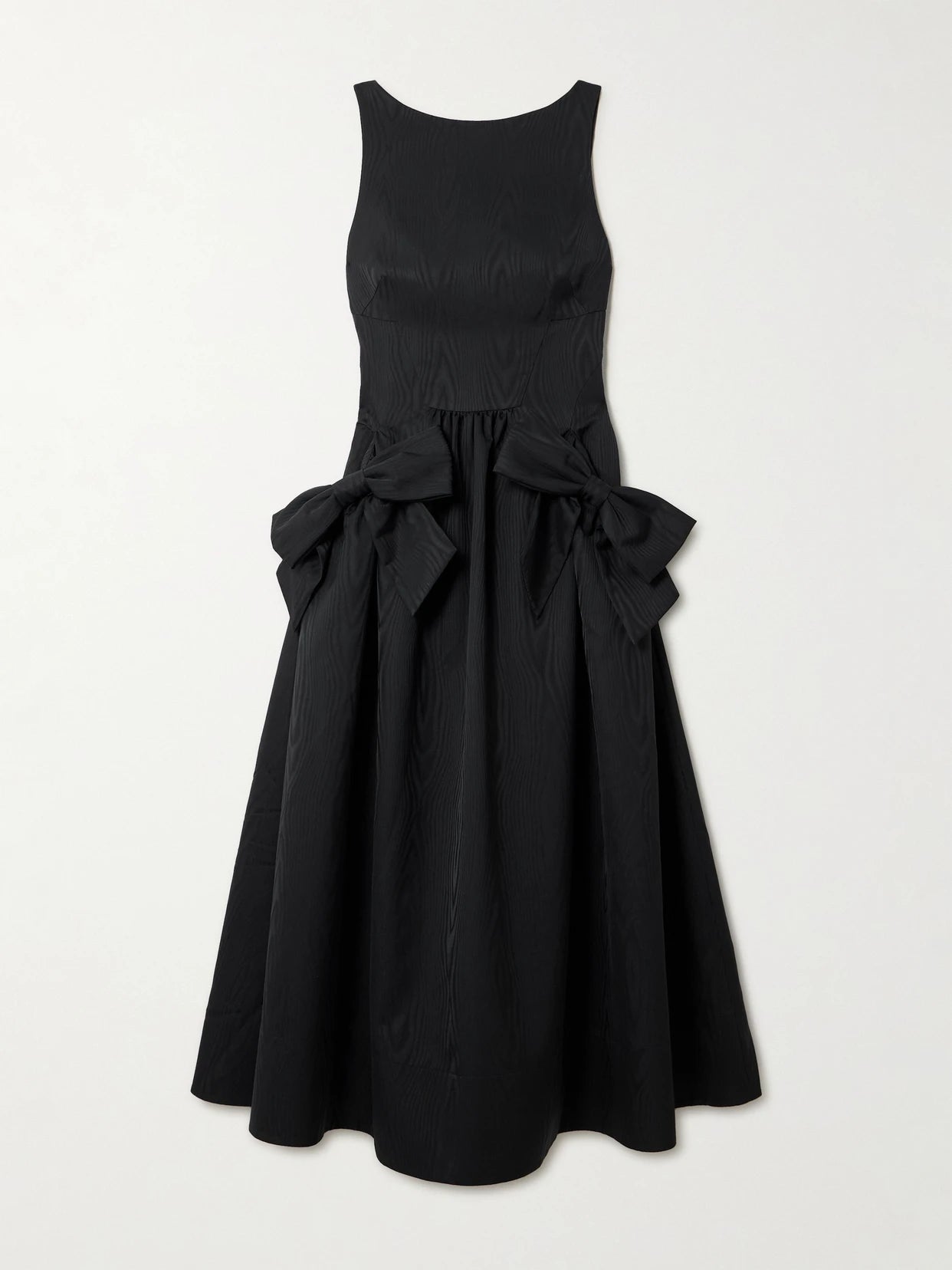 Image of Dresses. Product name - Narcissa Bow-embellished Gathered Moire Midi Dress in Black colour by brand - Rebecca Vallance