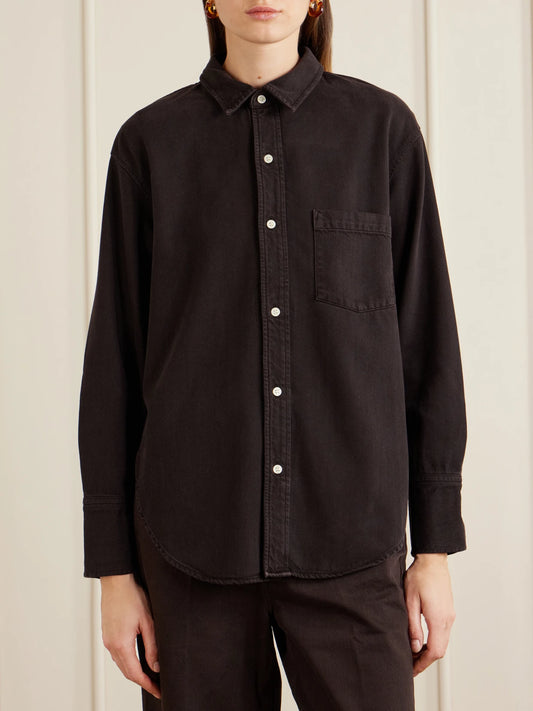 Image of a model wearing Tops. Product name - Carter Organic Cotton And Lyocell-blend Twill Shirt in Chocolate colour by brand - Citizens of Humanity