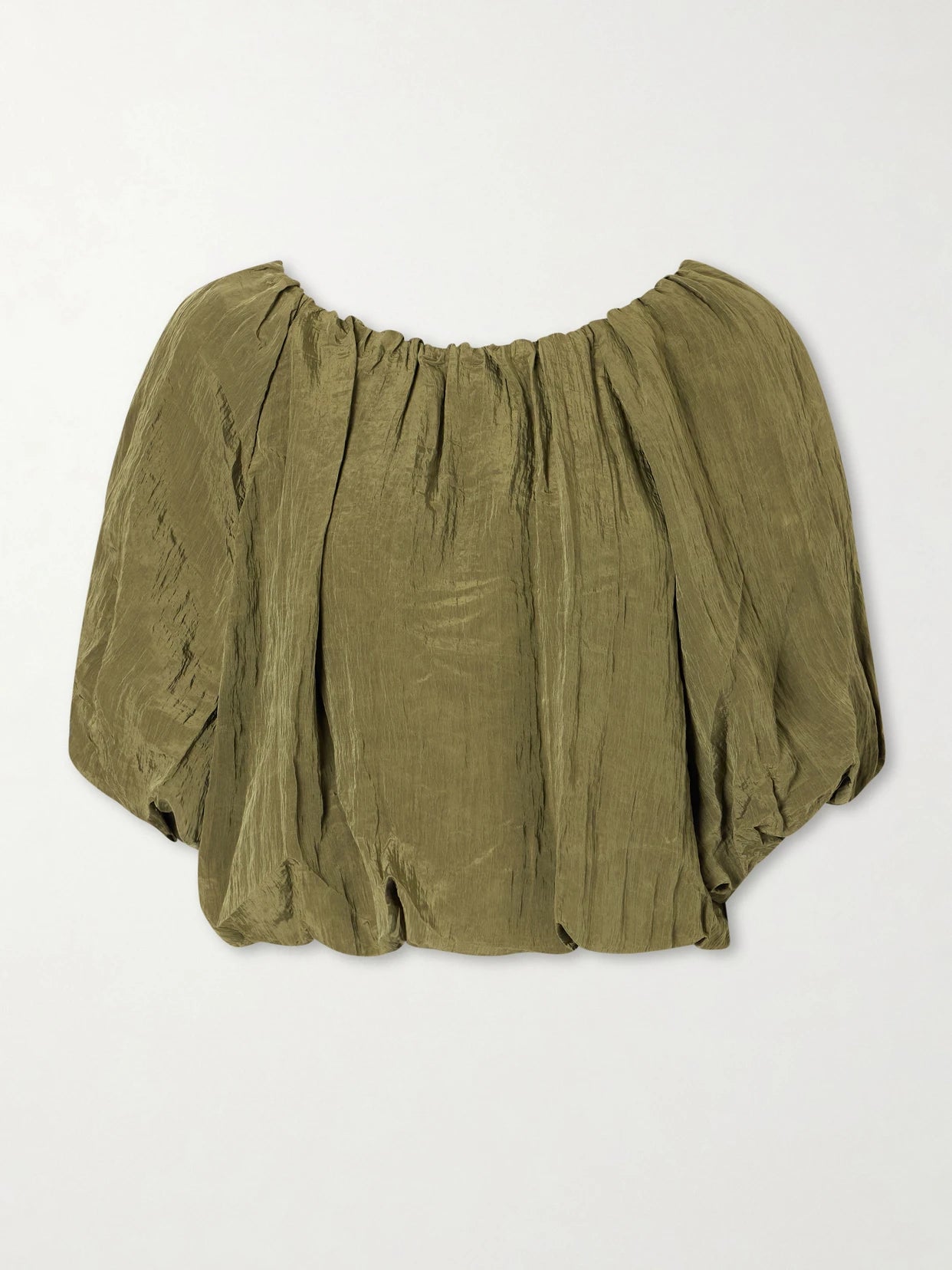 Image of Blouses. Product name - Anni Cropped Gathered Crepon Blouse in Army green colour by brand - SIMKHAI
