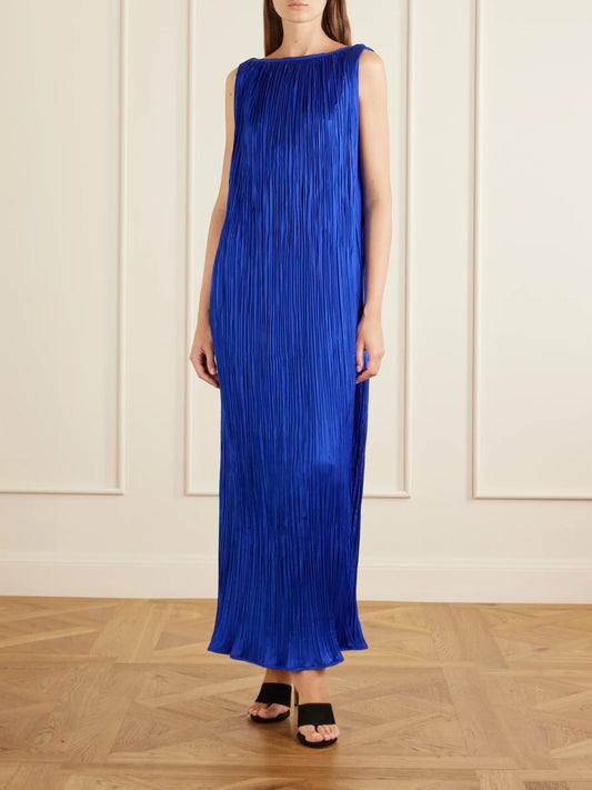 Image of Dresses. Product name - Celestia Plissé-satin Maxi Dress in Blue, Black colour by brand - AFLALO