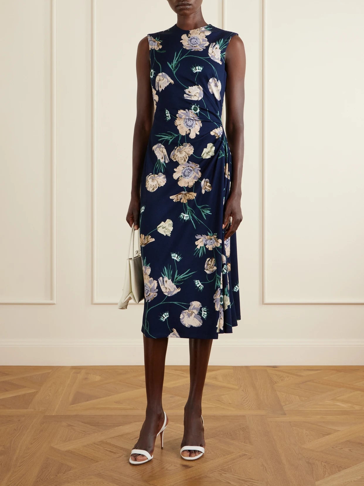 Image of Dresses. Product name - Floral Printed Ponte Midi Dress in Navy colour by brand - Erdem