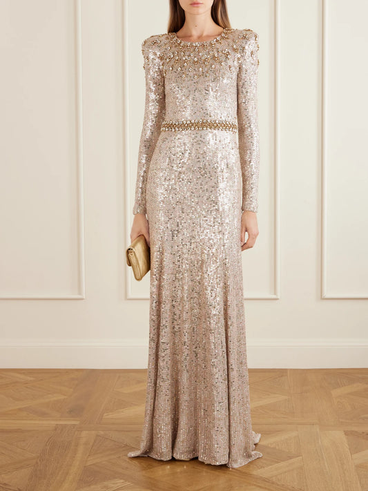 Image of Dresses. Product name - Georgia Sequined Satin Gown in Gold colour by brand - Jenny Packham