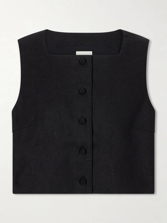 Image of a model wearing Tops. Product name - Rio Linen Tank Top in Black colour by brand - Posse