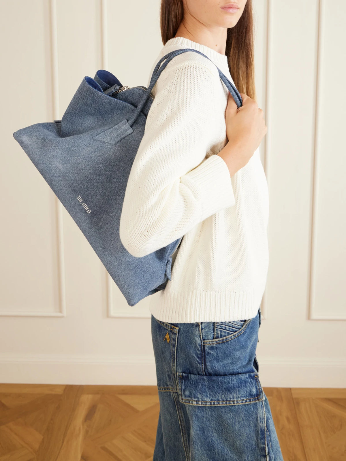 Image of Bags. Product name - La Passegiata Medium Asymmetric Denim Shoulder Bag in Mid denim colour by brand - The Attico