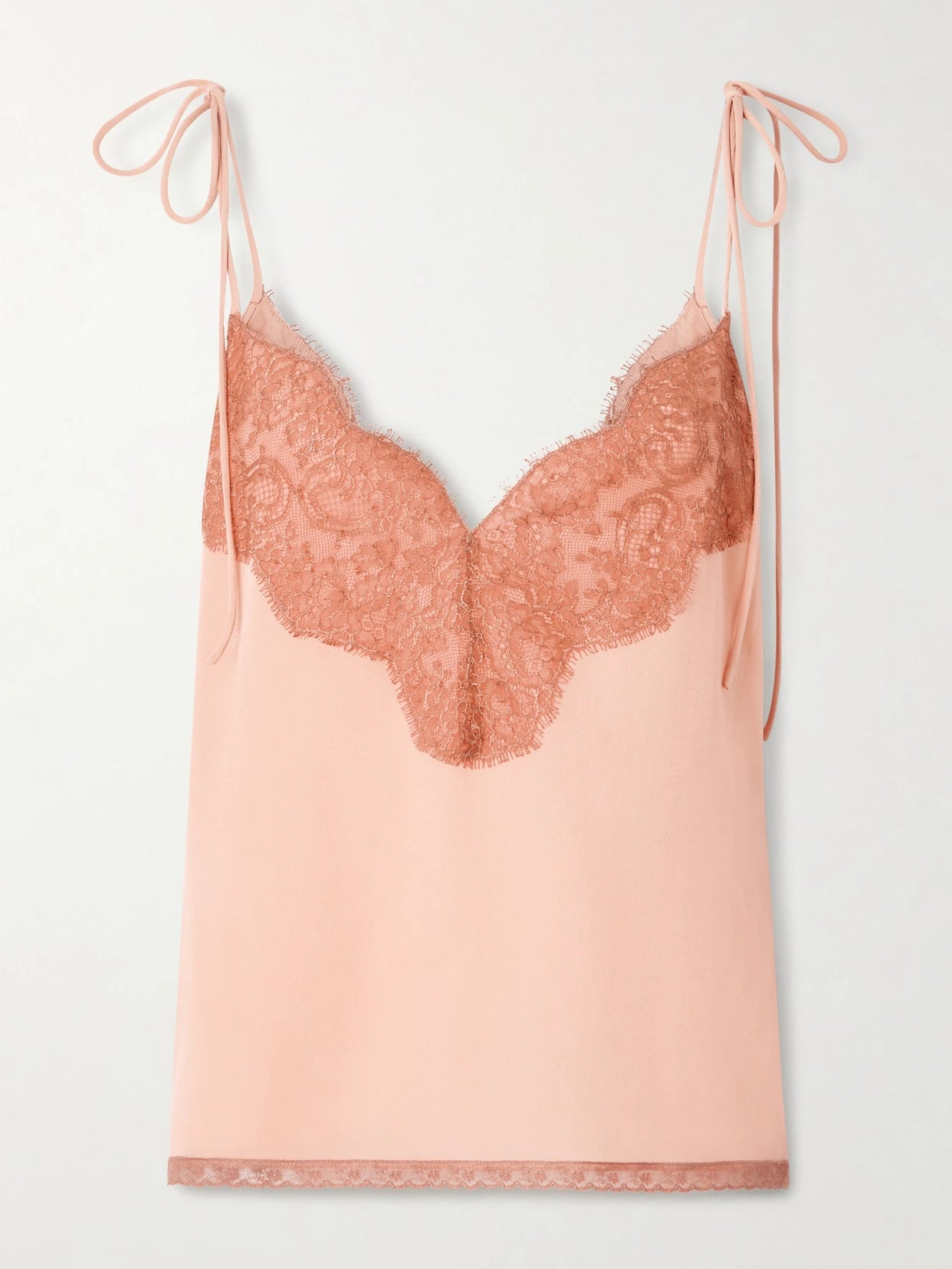 Image of a model wearing Tops. Product name - Lace-trimmed Silk Crepe De Chine Camisole in Blush colour by brand - Valentino Garavani