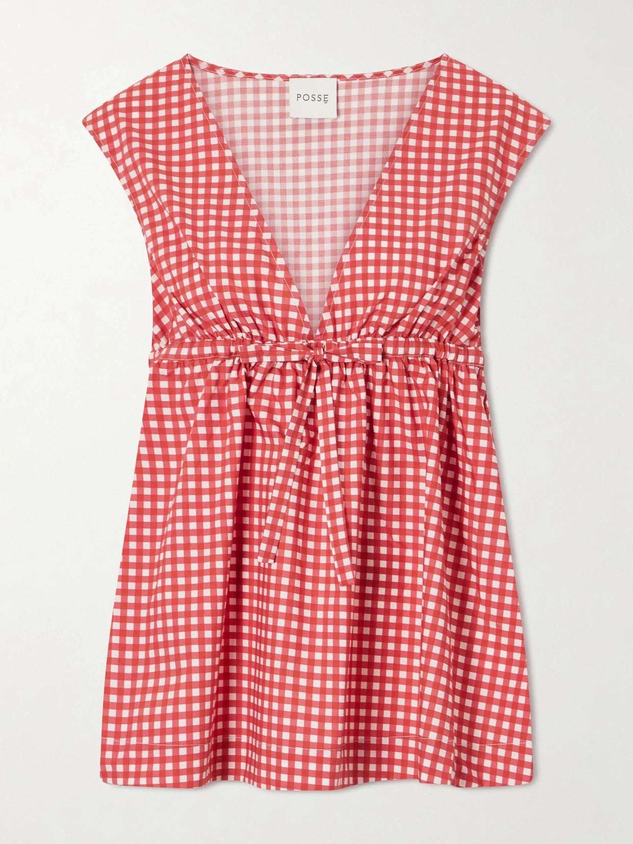 Image of a model wearing Tops. Product name - Lindie Bow-detailed Checked Cotton-poplin Top in Red colour by brand - Posse
