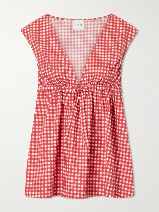 Image of a model wearing Tops. Product name - Lindie Bow-detailed Checked Cotton-poplin Top in Red colour by brand - Posse