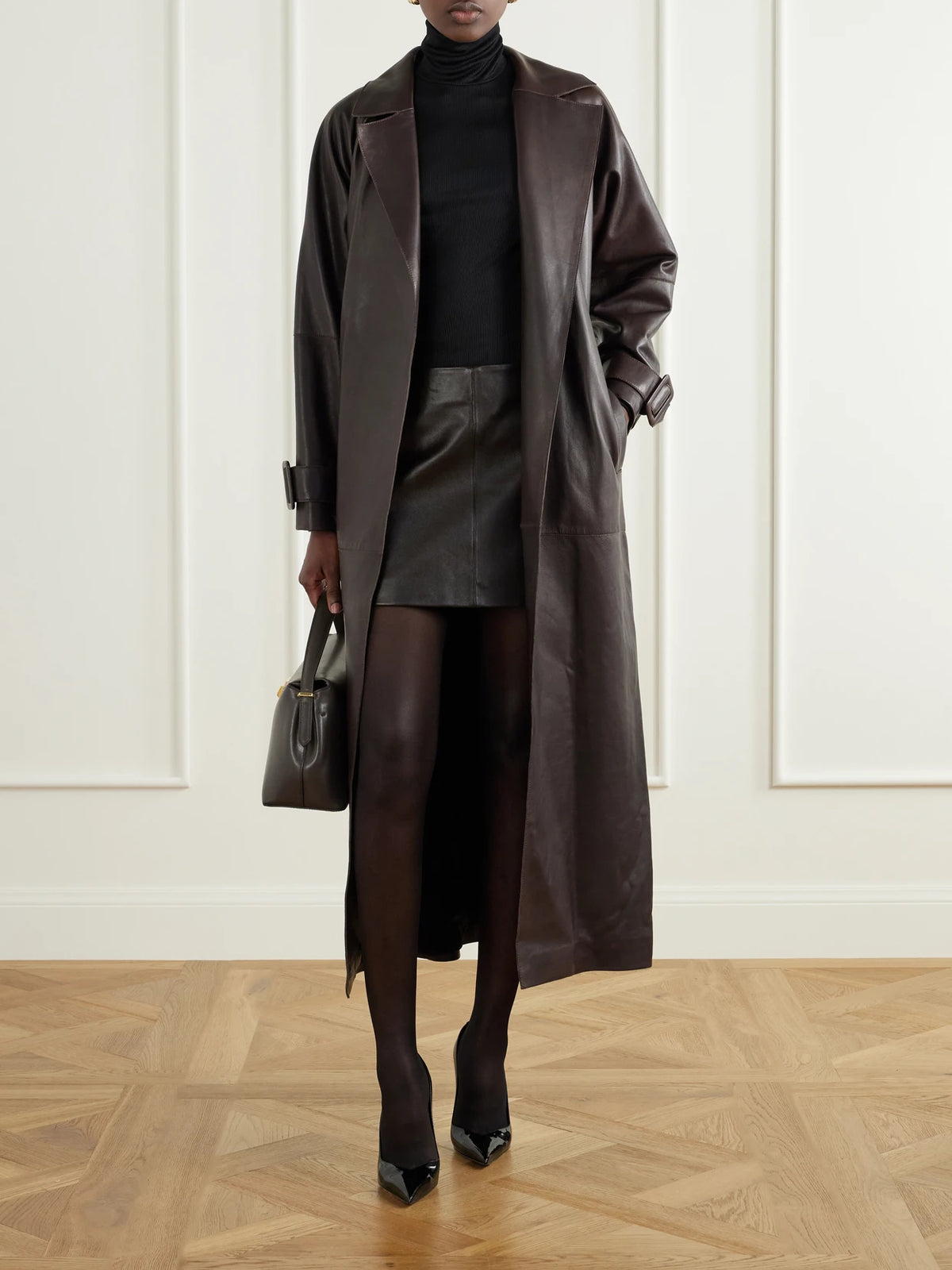 Image of Coats & Jackets. Product name - Staley Belted Leather Coat in Dark brown colour by brand - Nour Hammour