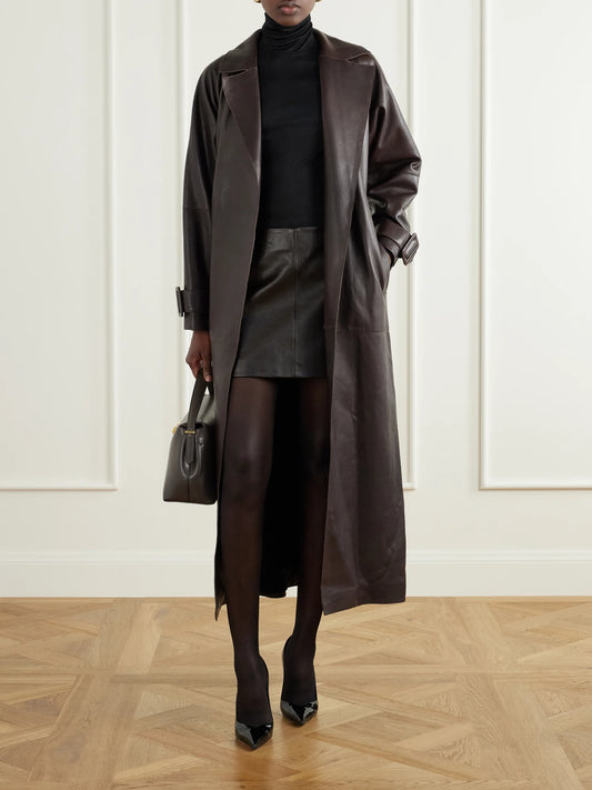 Image of Coats & Jackets. Product name - Staley Belted Leather Coat in Dark brown colour by brand - Nour Hammour