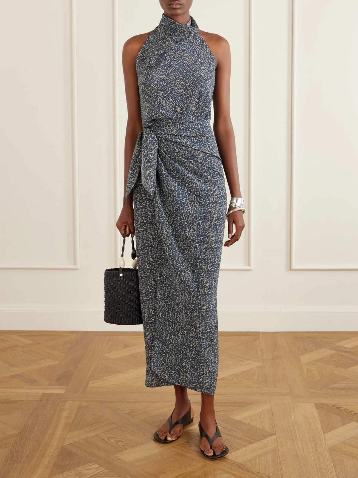 Image of Dresses. Product name - Corallo Printed Silk-satin Midi Dress in Navy colour by brand - Cortana