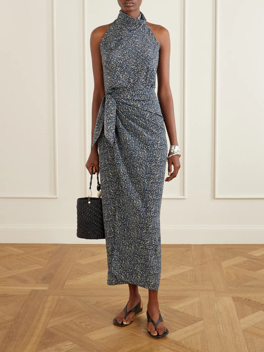Image of Dresses. Product name - Corallo Printed Silk-satin Midi Dress in Navy colour by brand - Cortana