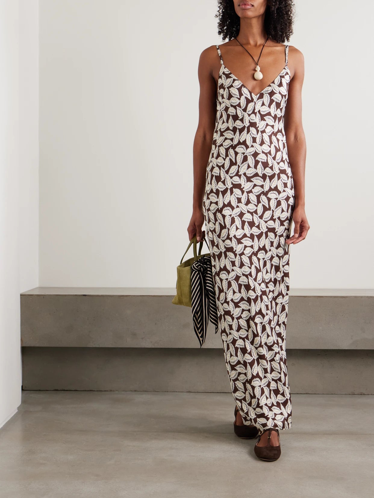 Image of Dresses. Product name - Paper Birch Printed Twill Maxi Dress in Brown colour by brand - BODE