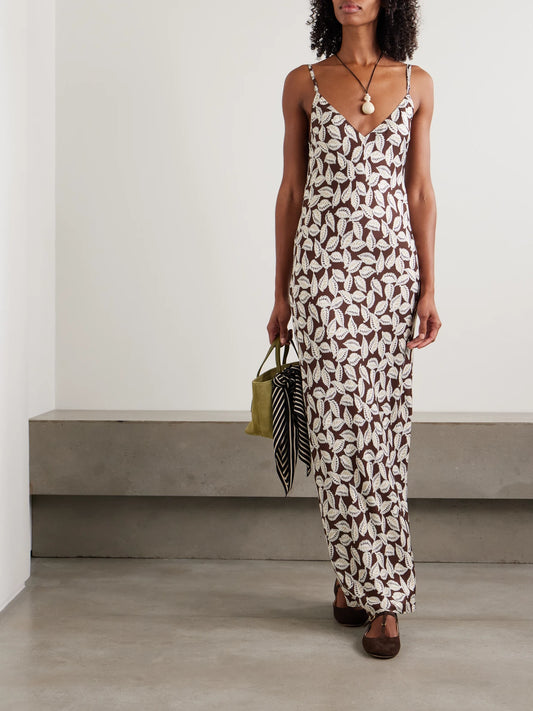 Image of Dresses. Product name - Paper Birch Printed Twill Maxi Dress in Brown colour by brand - BODE