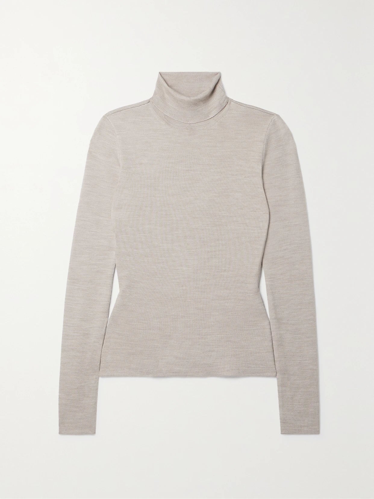 Image of a model wearing Outerwear. Product name - May Wool, Cashmere And Silk-blend Turtleneck Sweater in Beige colour by brand - Gabriela Hearst