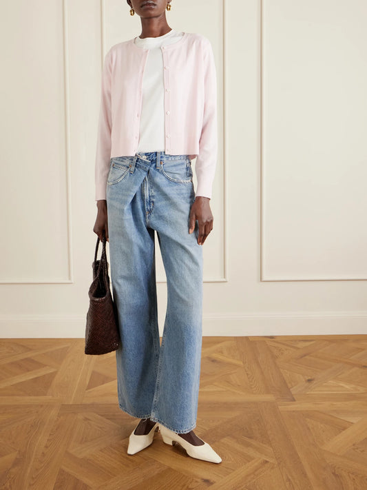 Image of a model wearing Outerwear. Product name - Bea Cashmere Cardigan in Pastel pink colour by brand - Arch4