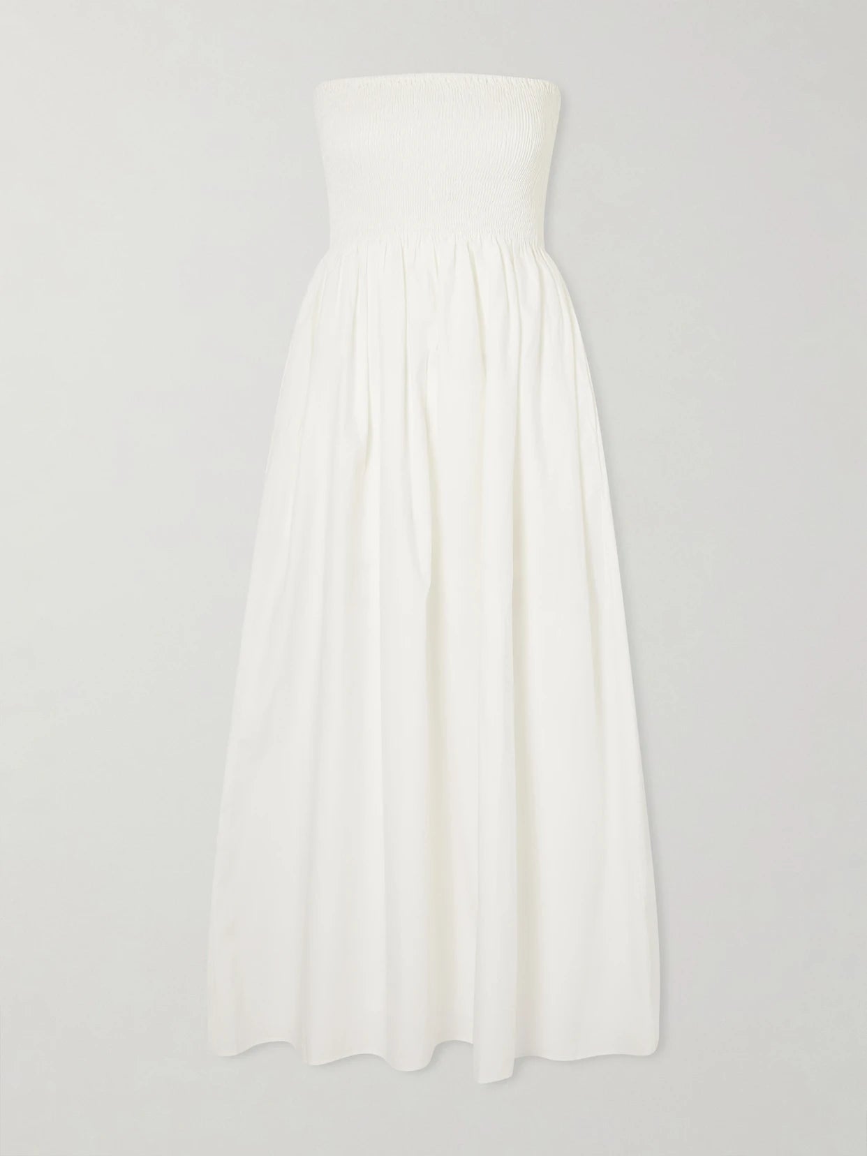 Image of Dresses. Product name - Jamie Strapless Shirred Cotton-poplin Midi Dress in White colour by brand - Faithfull