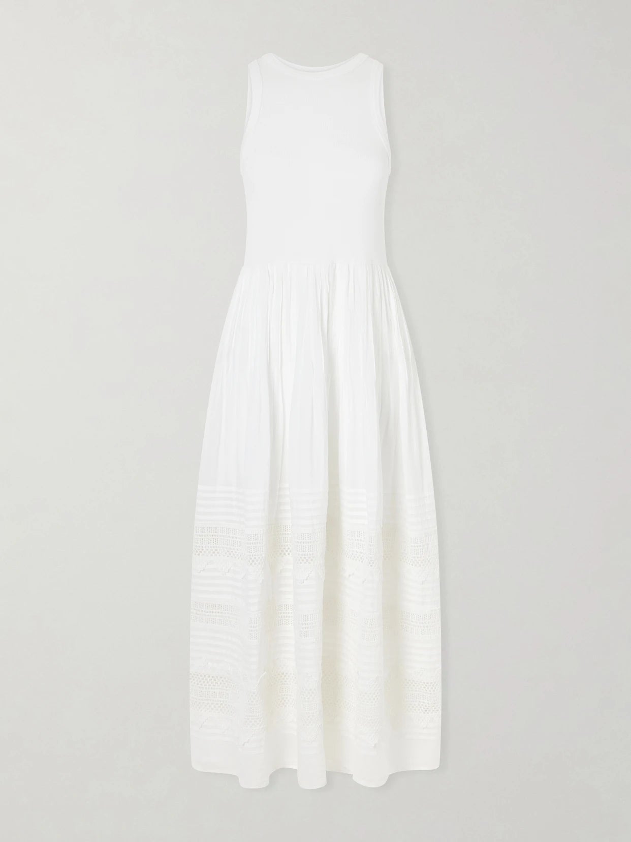 Image of Dresses. Product name - Crochet-trimmed Ribbed Cotton-blend Maxi Dress in White colour by brand - Polo Ralph Lauren