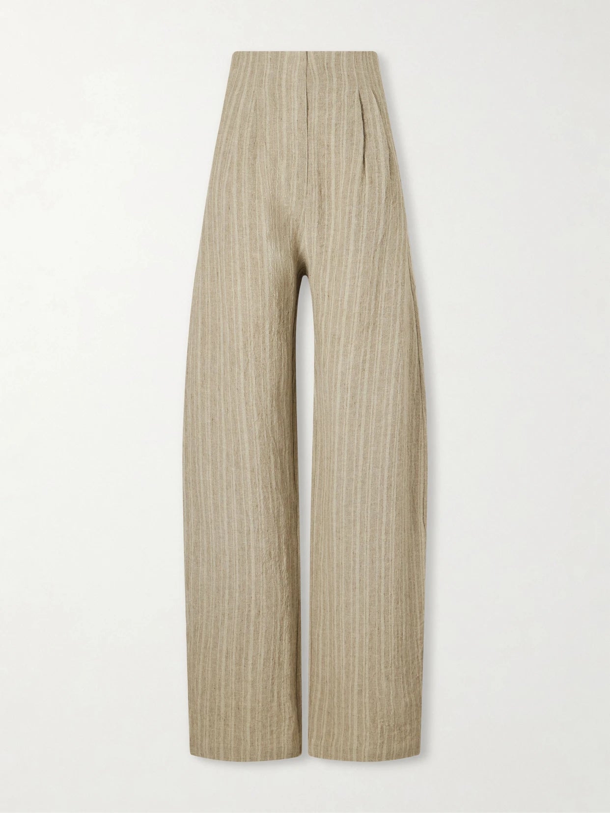 Image of a model wearing Pants. Product name - Camila Pleated Striped Linen Wide-leg Pants in Green colour by brand - Cortana
