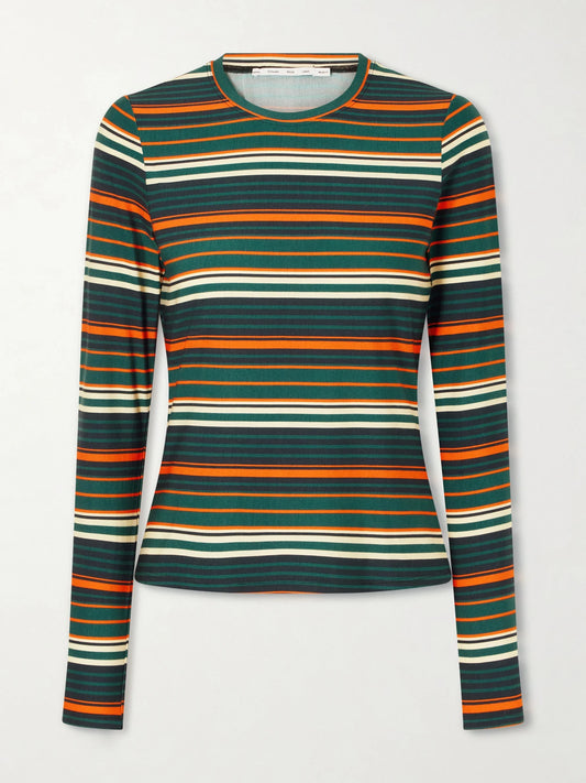 Image of a model wearing Tops. Product name - Mae Striped Stretch-jersey T-shirt in Green colour by brand - Proenza Schouler White Label