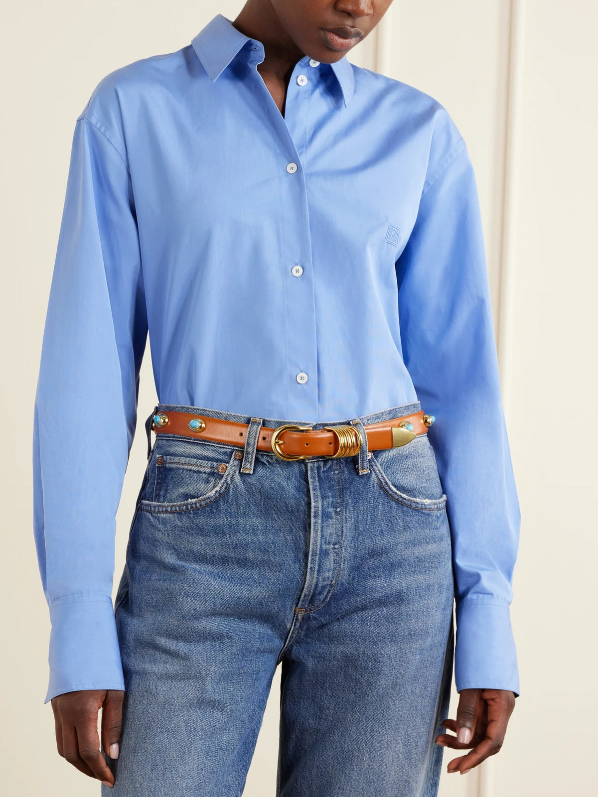 Image of Belts. Product name - Hollyhock Stone Turquoise-embellished Leather Belt in Brown colour by brand - Déhanche