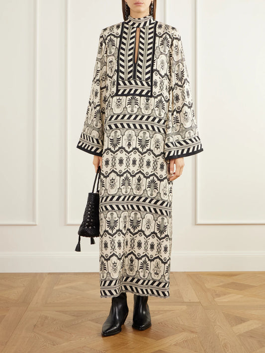 Image of Dresses. Product name - Stay Home Printed Jacquard Maxi Dress in Ecru colour by brand - Johanna Ortiz