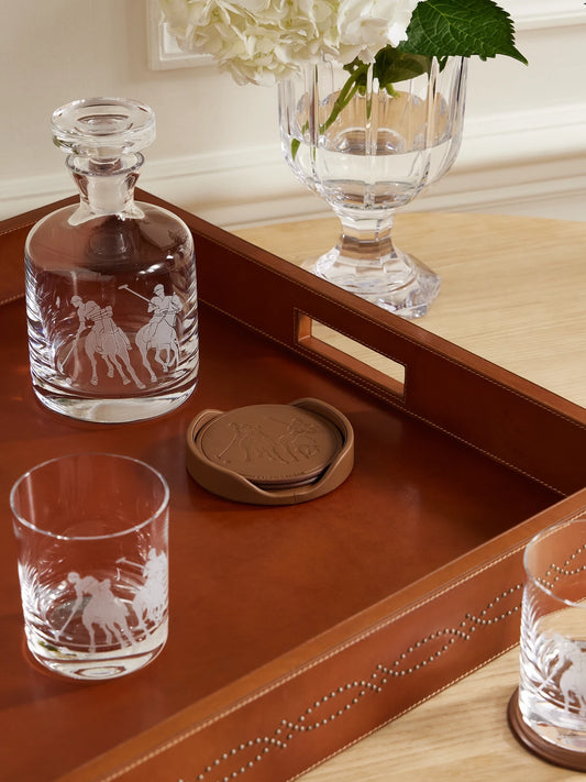 Image of Tableware. Product name - Garrett Set Of Four Debossed Leather Coasters in Brown colour by brand - Ralph Lauren Home