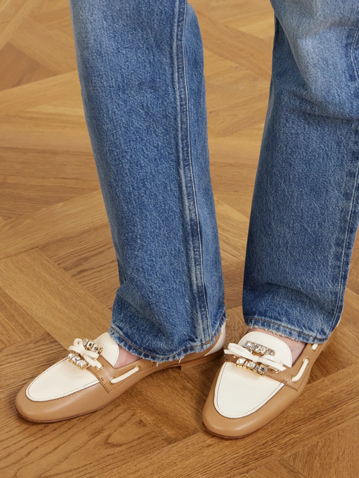 Embellished Bow-detailed Two-tone Leather Loafers
