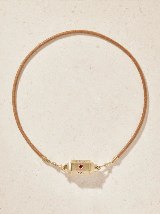 Marie Lichtenberg Love You Locket 18-karat Yellow And White Gold, Ruby, Diamond And Leather Necklace