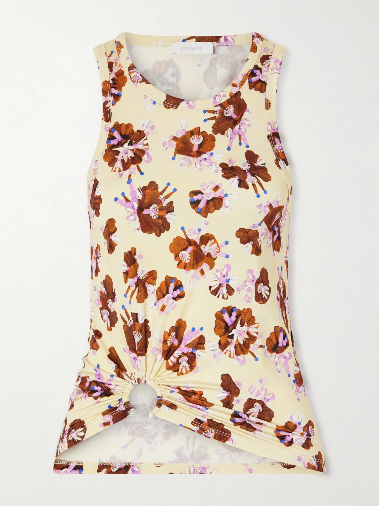 Image of a model wearing Tops. Product name - Gathered Floral-print Jersey Top in Yellow colour by brand - RABANNE