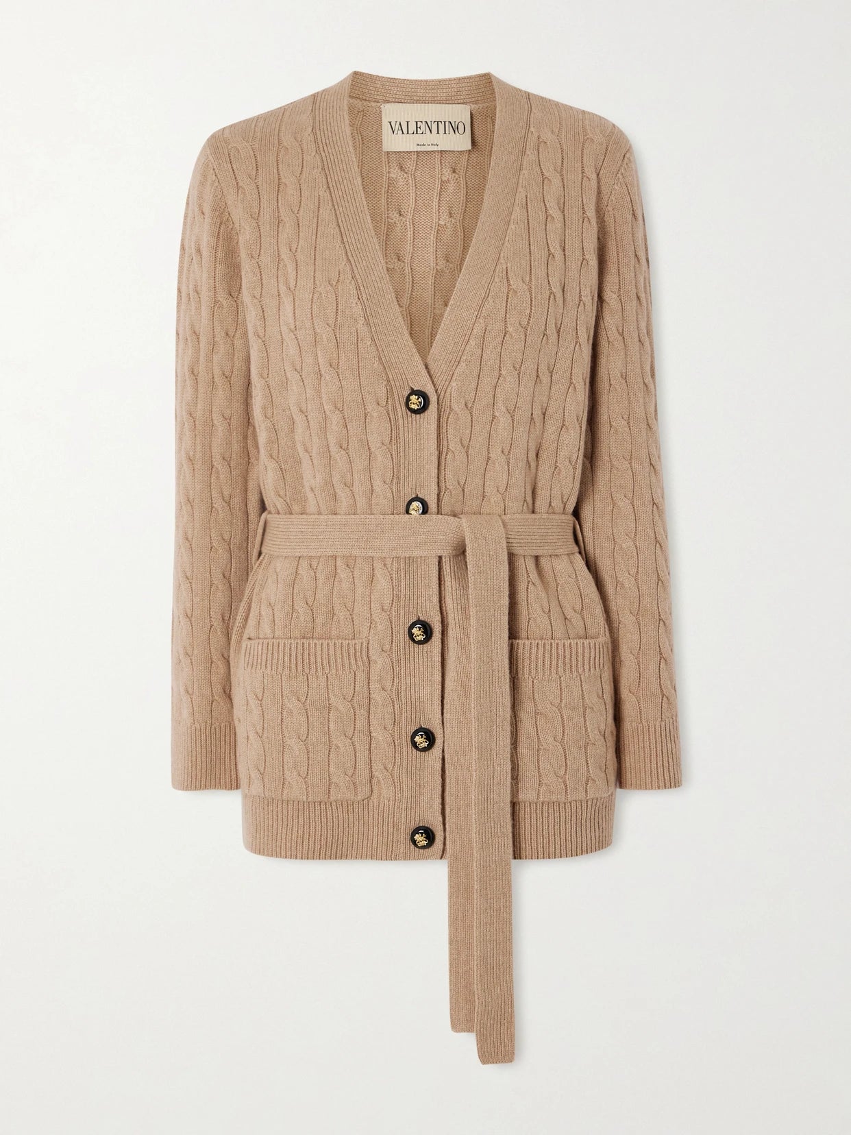 Image of a model wearing Outerwear. Product name - Cable-knit Cashmere Cardigan in Camel colour by brand - Valentino Garavani