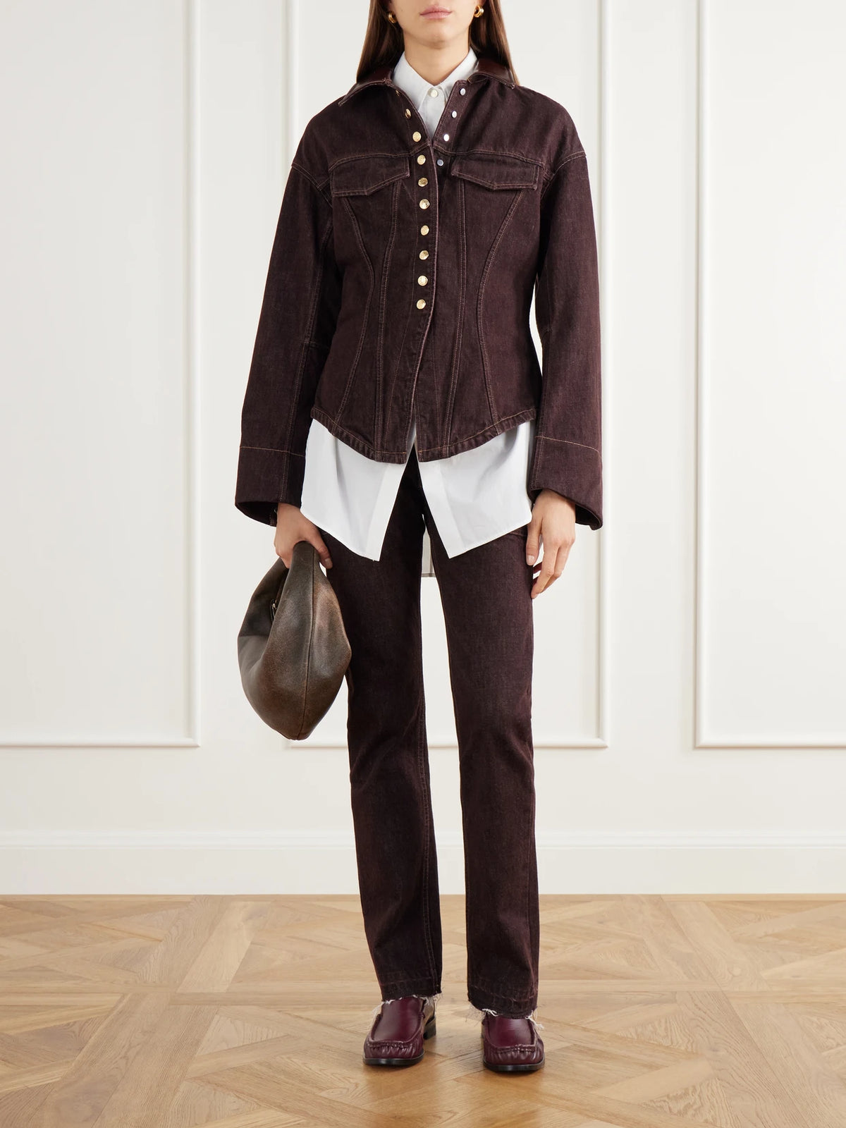 Image of Jeans. Product name - The Bèbè Frayed Mid-rise Straight-leg Jeans in Burgundy colour by brand - RÙADH