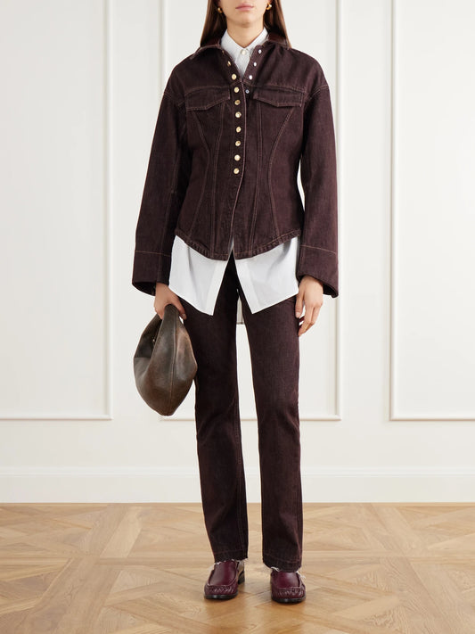 Image of Jeans. Product name - The Bèbè Frayed Mid-rise Straight-leg Jeans in Burgundy colour by brand - RÙADH