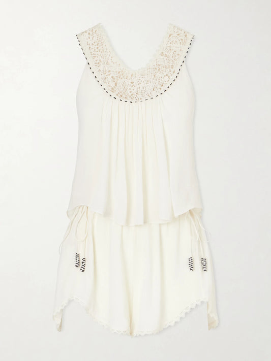 Image of Bodysuits. Product name - Nilany Lace-trimmed Silk-crepe Playsuit in Ecru colour by brand - ISABEL MARANT