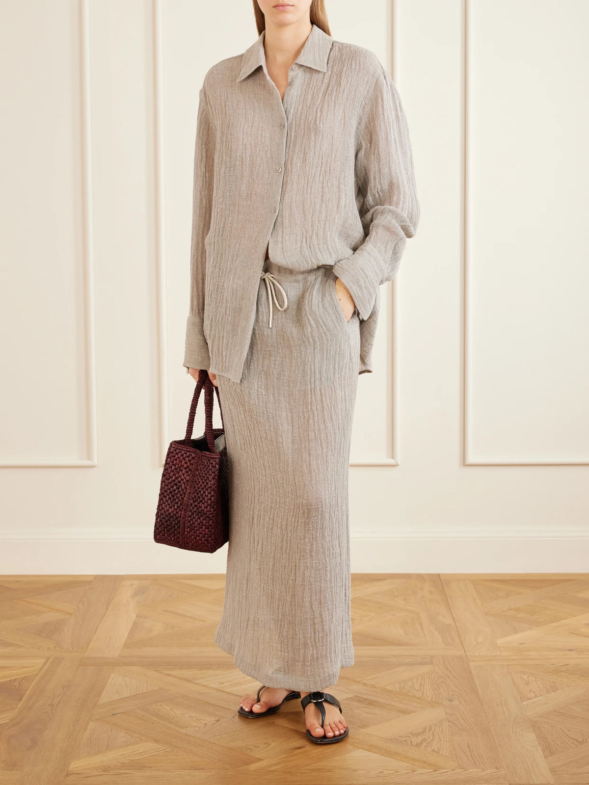 Image of a model wearing Tops. Product name - Mollie Linen-blend Shirt in Light gray colour by brand - KALLMEYER