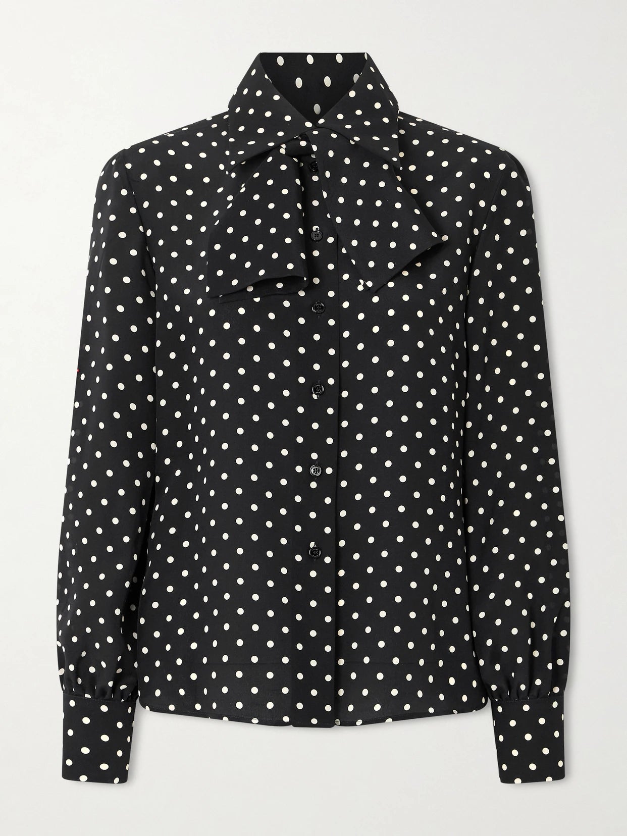Image of a model wearing Tops. Product name - Tie-detailed Polka-dot Silk Crepe De Chine Shirt in Black colour by brand - Valentino Garavani