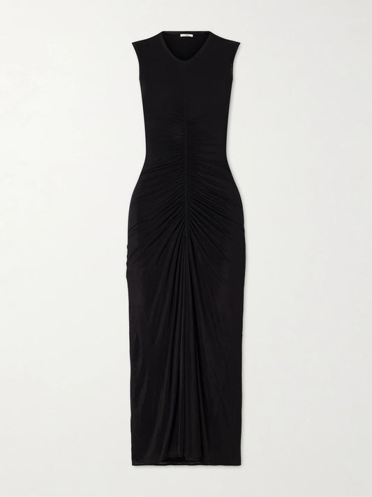 Image of Dresses. Product name - Gisela Ruched Jersey Midi Dress in Black colour by brand - FFORME