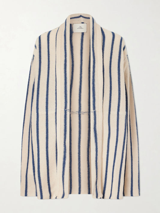Image of a model wearing Outerwear. Product name - Striped Knitted Cashmere Cardigan in Beige colour by brand - The Elder Statesman